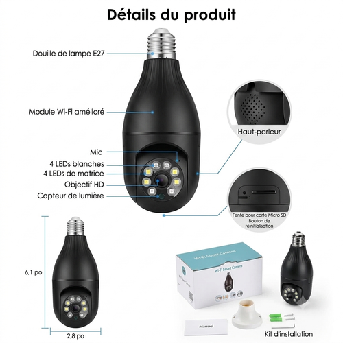 Caméra de Sécurité Intelligente Wi-Fi E27 – Vision 360° Ultra HD