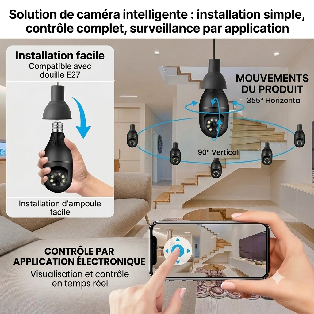Caméra de Sécurité Intelligente Wi-Fi E27 – Vision 360° Ultra HD