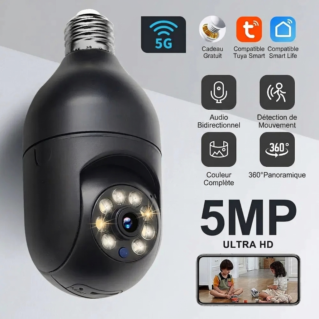 Caméra de Sécurité Intelligente Wi-Fi E27 – Vision 360° Ultra HD